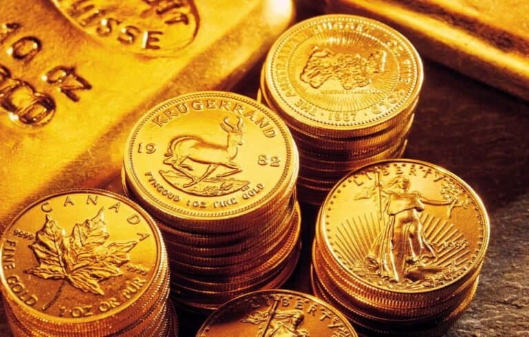 Gold coins and bars